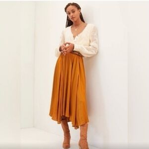 Anthropologie Gold Midi A-Line Skirt with Asymmetrical High-Low Style for Casual